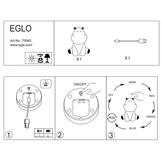 EGLO LED éjjelifény víziló Castellino